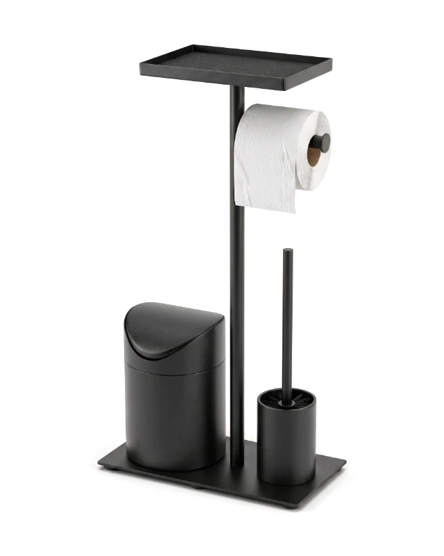 Set de baño 4 en 1 NIDDAPP en acabado negro mate: bandeja superior, portarrollos con un rollo de papel, papelera con tapa basculante y escobillero sobre una base rectangular